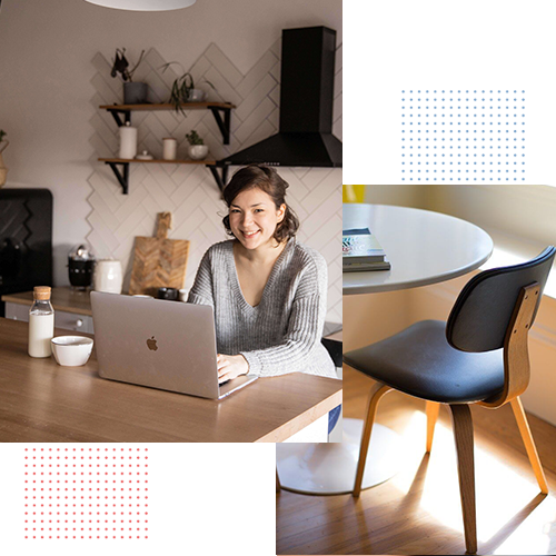 smiling woman sitting at a table with a macbook and a second picture of a circle table and chair